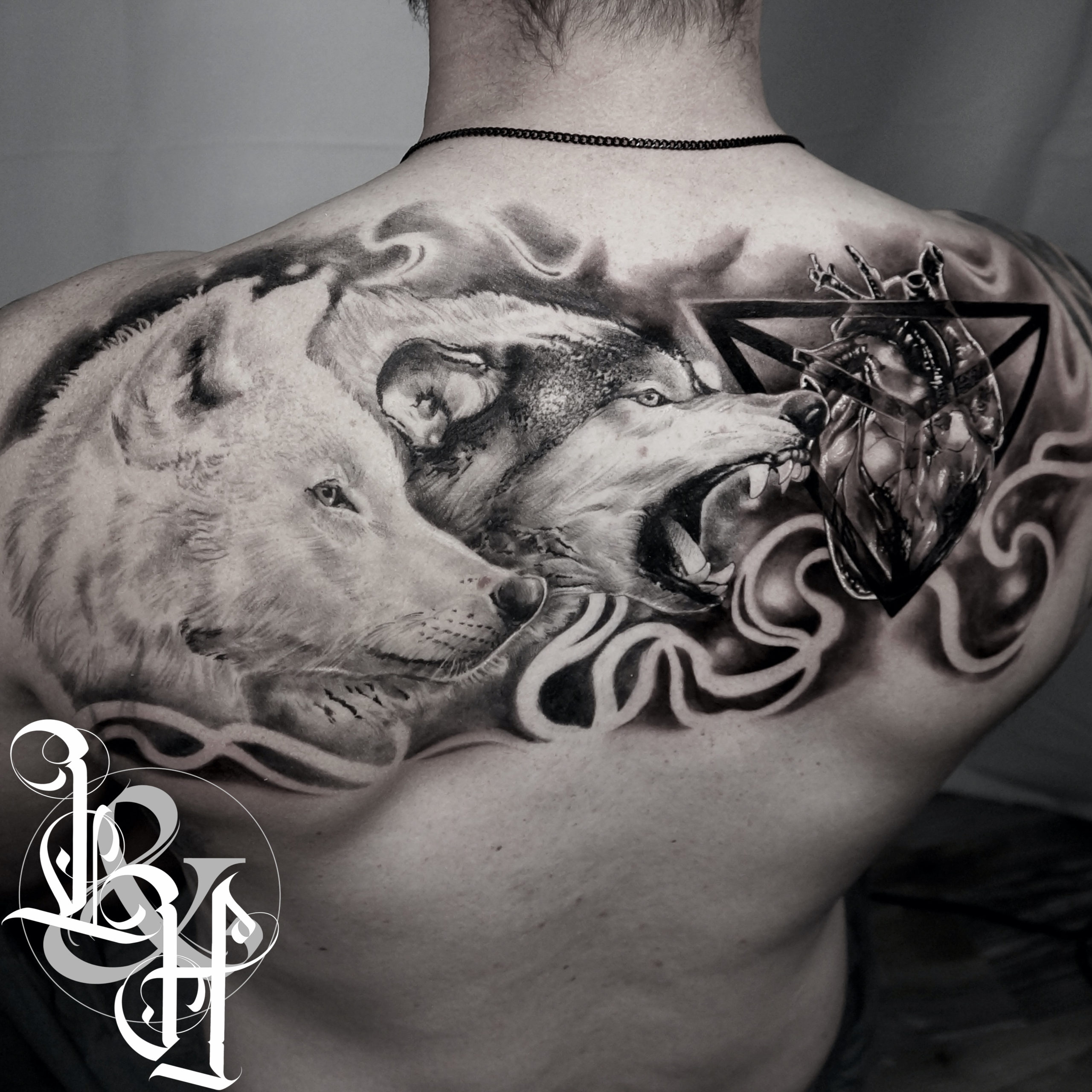 Black and Grey Tale of Two Wolves Tattoo - Love n Hate