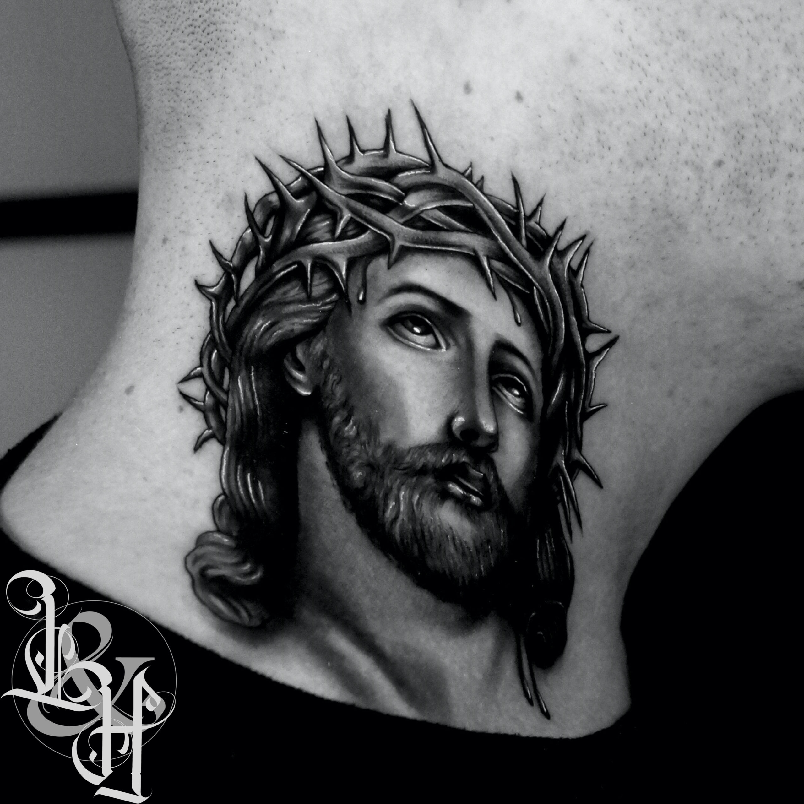 Black and Grey Neck Jesus Tattoo - Love n Hate