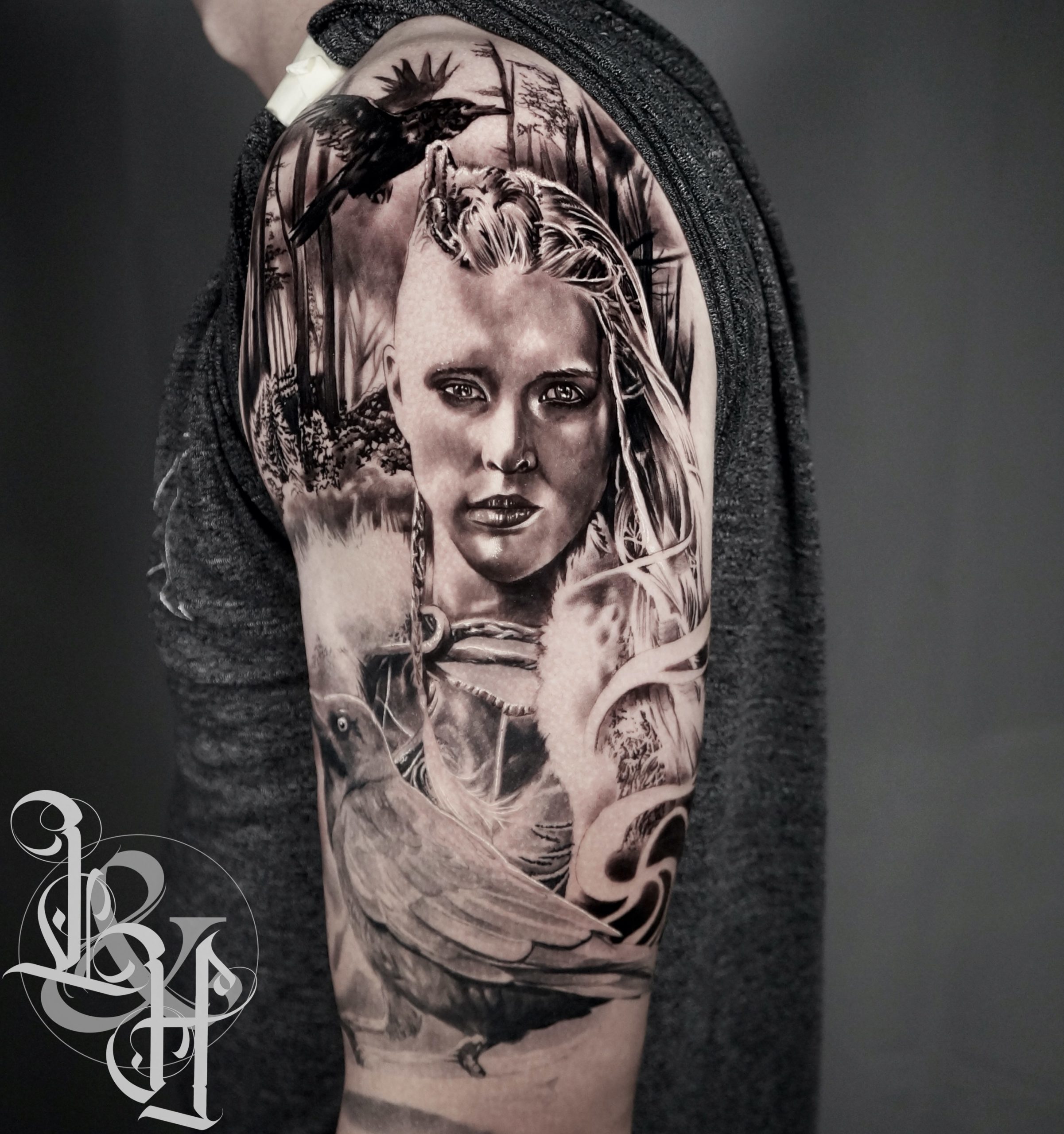 Black and Grey Viking Woman Tattoo - Love n Hate