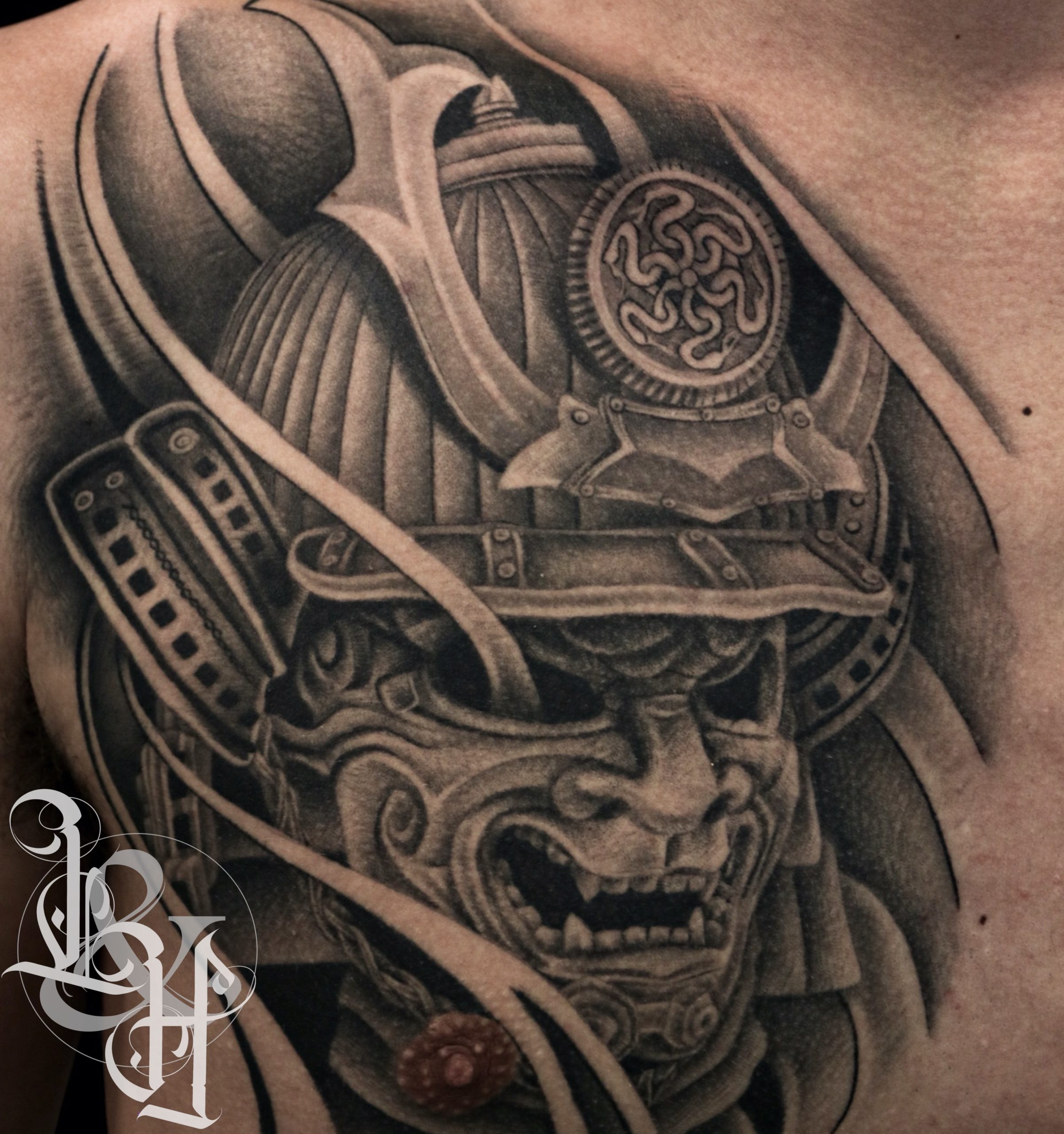 Black and Grey Samurai Mask Tattoo - Love n Hate