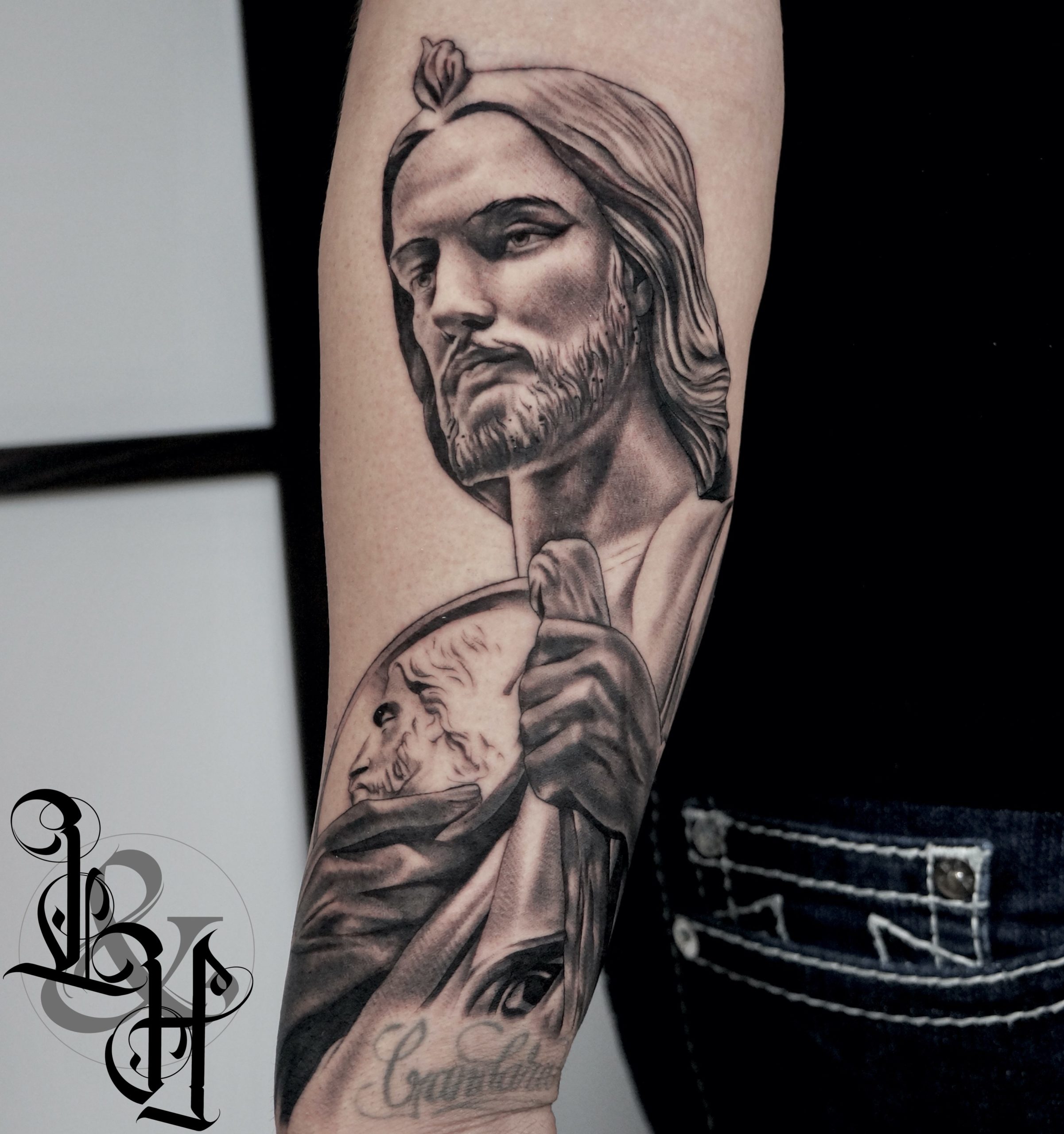 Black and Grey St Judas Statue Tattoo - Love n Hate