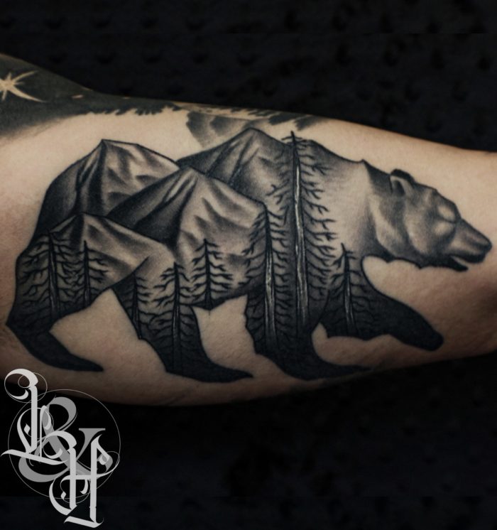 Black and Grey Bear with Scenic View Tattoo - Love n Hate