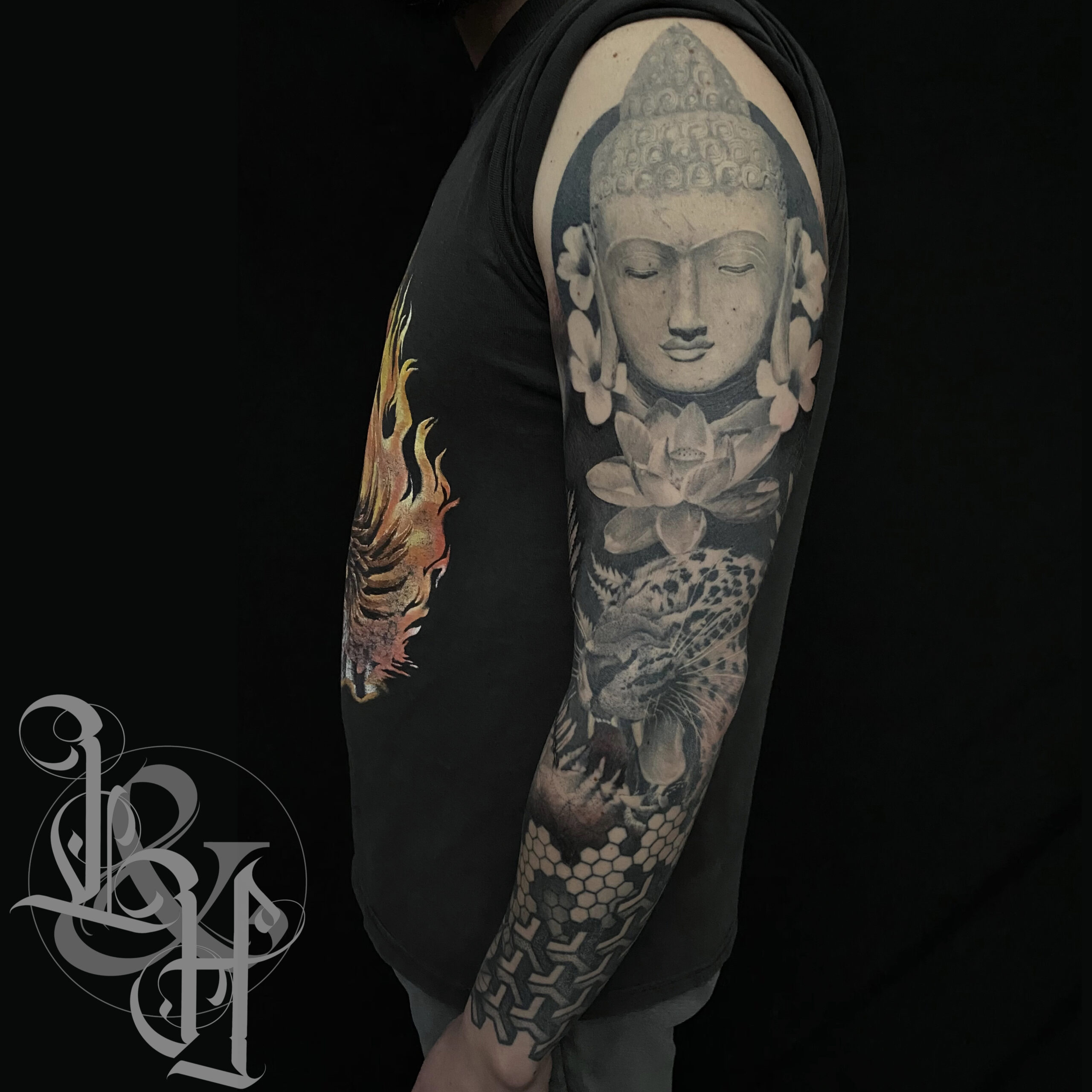 Black and Grey Japanese Themed Sleeve Tattoo - Love n Hate