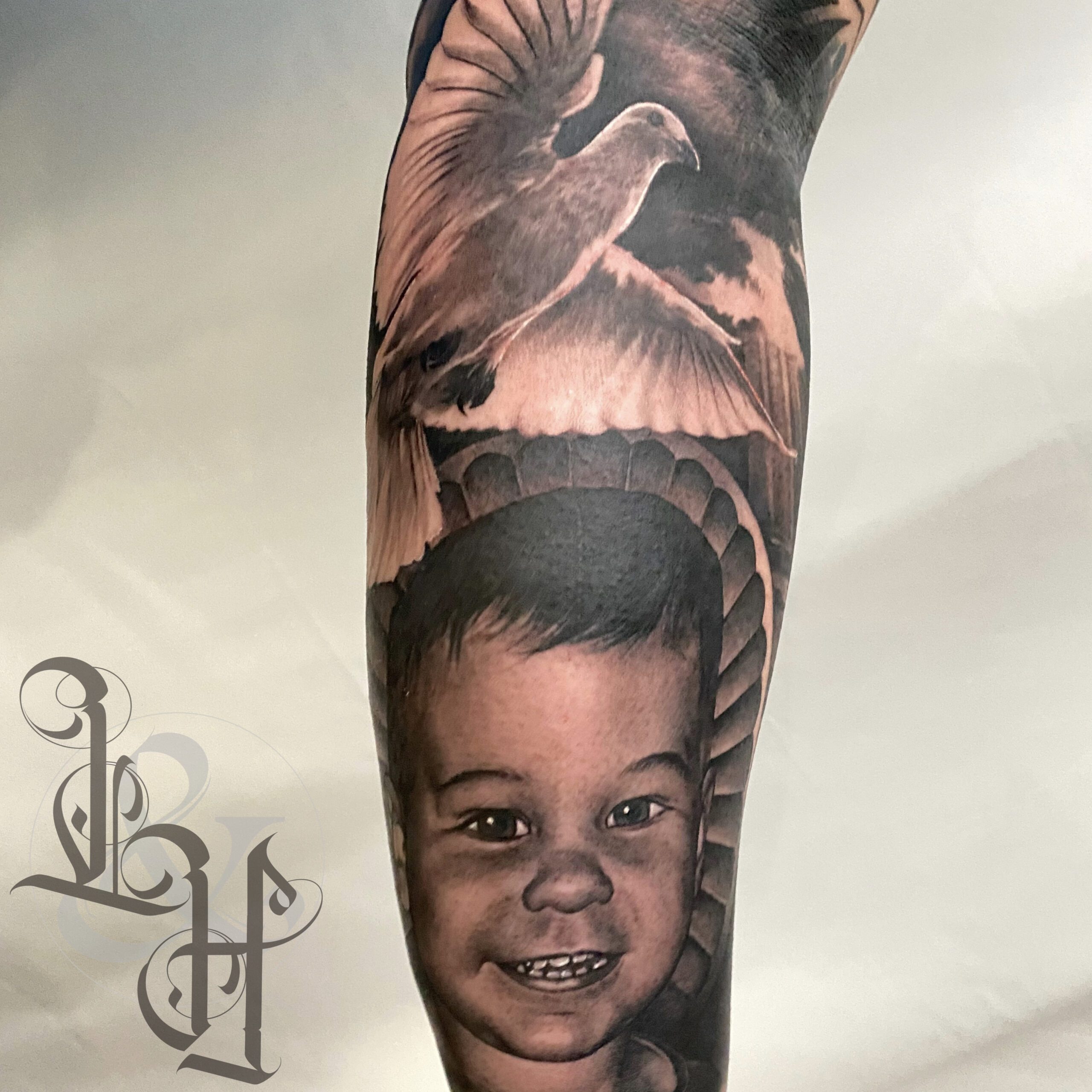 Memorial Portrait with Poker Hand  Jo Atwood Tattoos Angel Hands