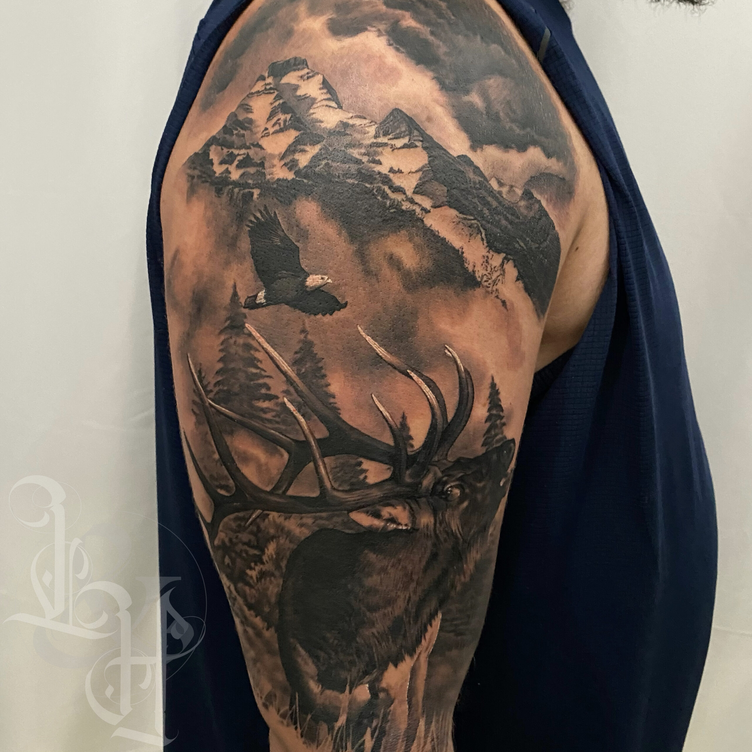 Black and Grey Elk and Mountains Tattoo - Love n Hate