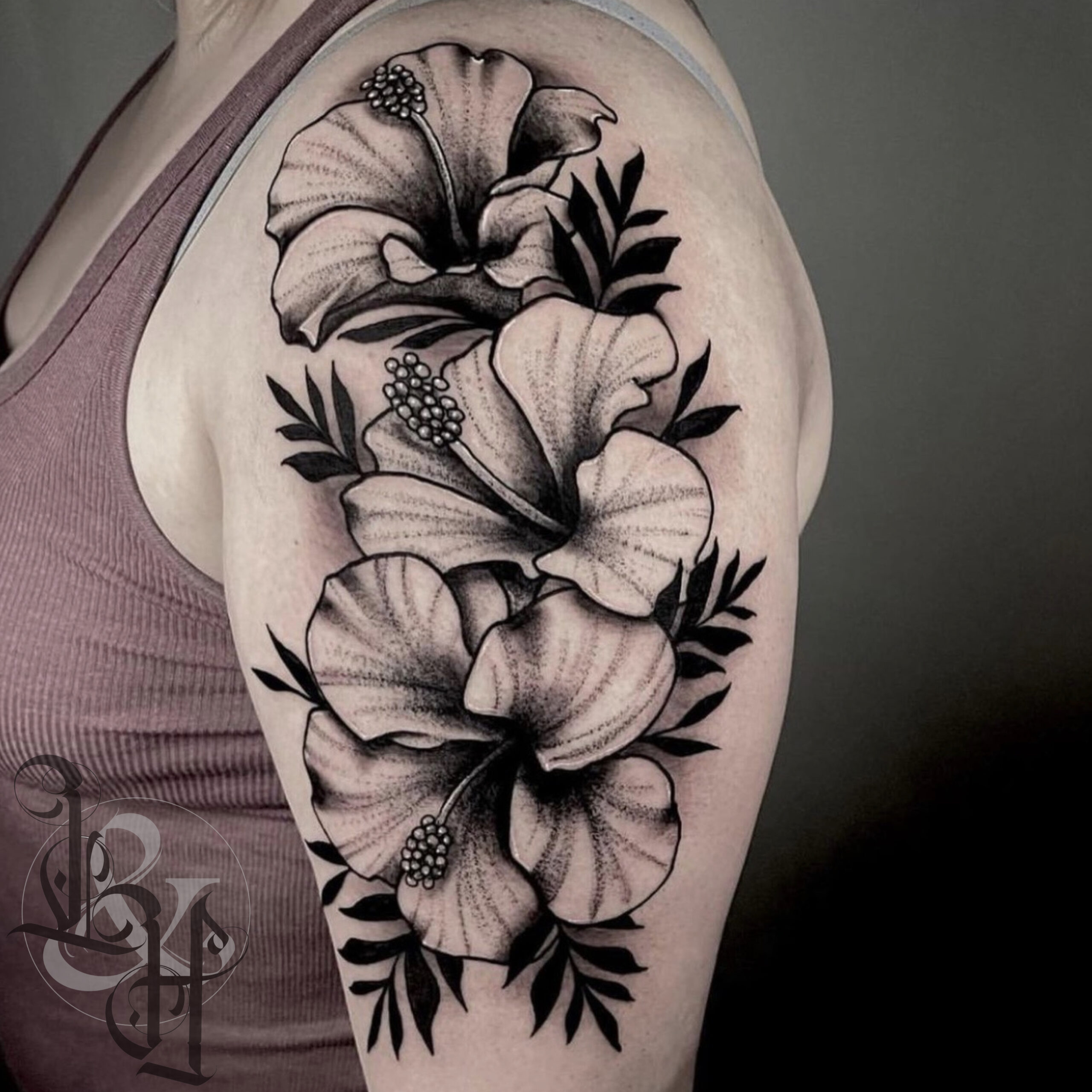 Black And Grey Hibiscus Flowers Tattoo On Man Left Front Shoulder  Men flower  tattoo Hibiscus tattoo Flower tattoos