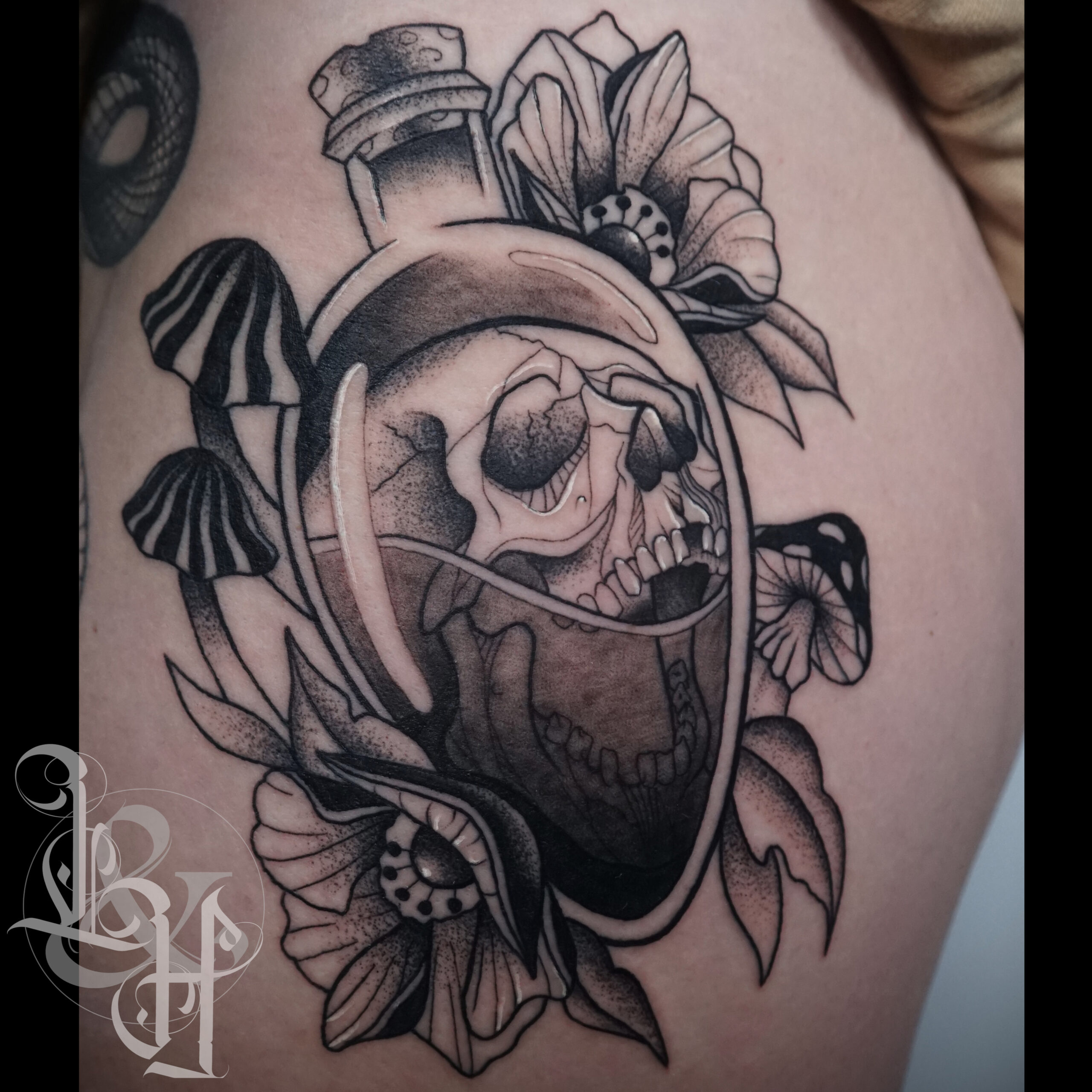 Black and Grey Skull in Potion Bottle Tattoo  Love n Hate
